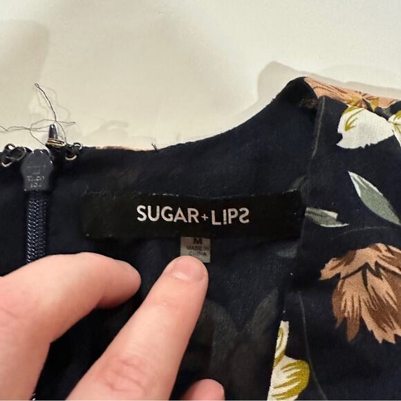 Sugar Lips Navy Blue Floral Long Bell Sleeve Boho Romper Size M - Picture 7 of 11